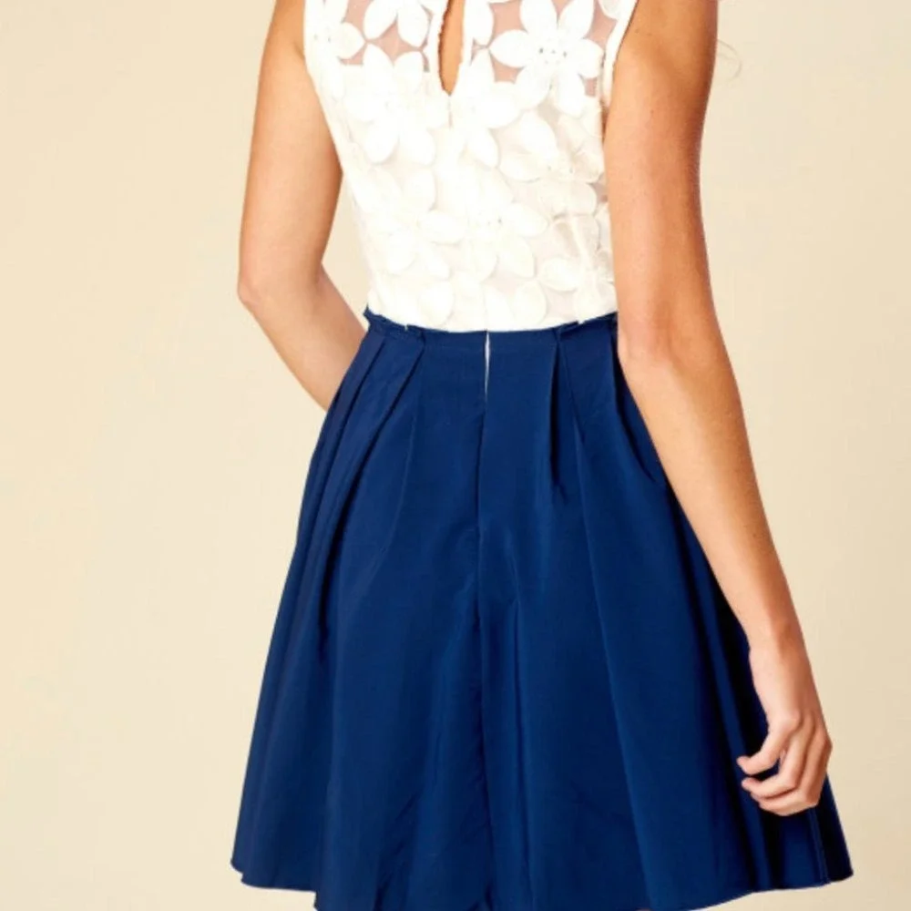 Altar'd State Lucille Dress White Lace Bodice Navy Flair‎ Skirt Size M Wedding